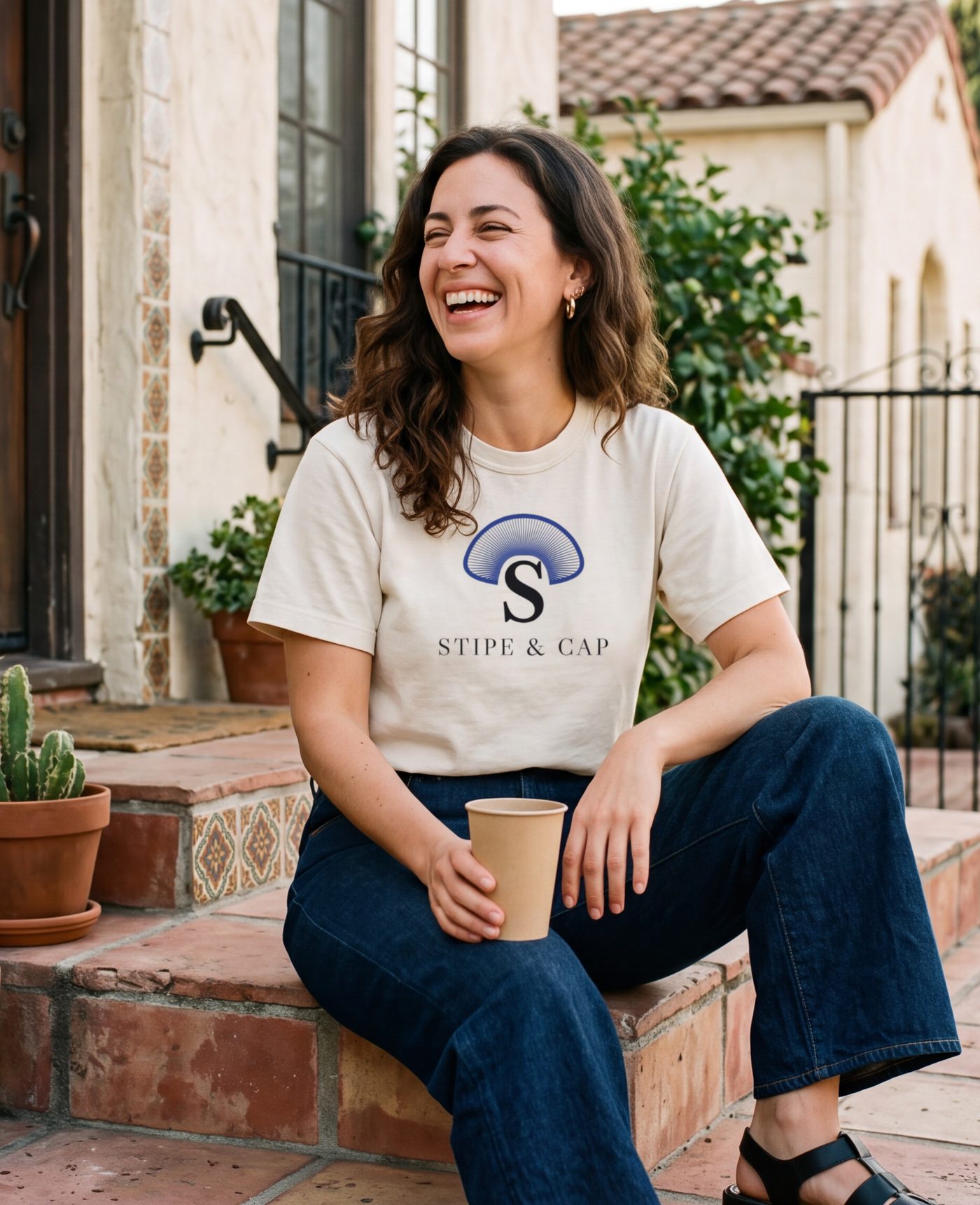 The raw cotton tee worn on the front steps of a house in Echo Park.