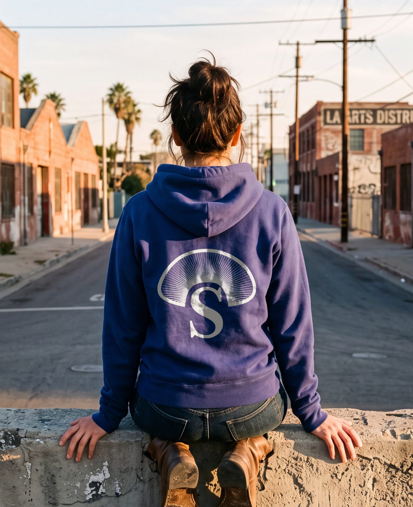 A woman sitting on a low wall in the Arts District, the Cap of Gills on the back of her indigo hoodie.