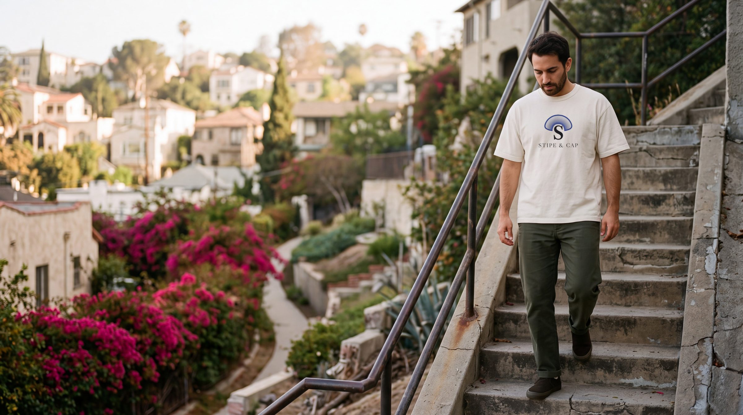 A man walking down an old concrete stairway in Silver Lake in the raw cotton tee, the Cap of Gills over STIPE & CAP on the chest.