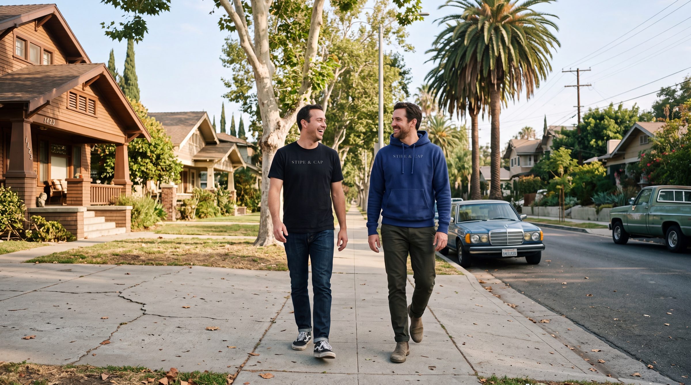 Two friends walking down a tree-lined street in Highland Park, one in the near-black tee, one in the indigo hoodie.